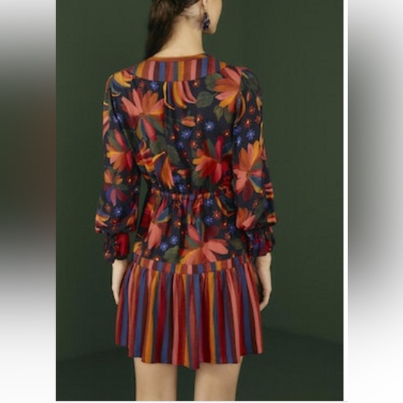 Farm Rio Black Banana Sky Mini Dress Sz S Puff Sleeve Tiered Flowy Beaded Beach - Picture 2 of 16